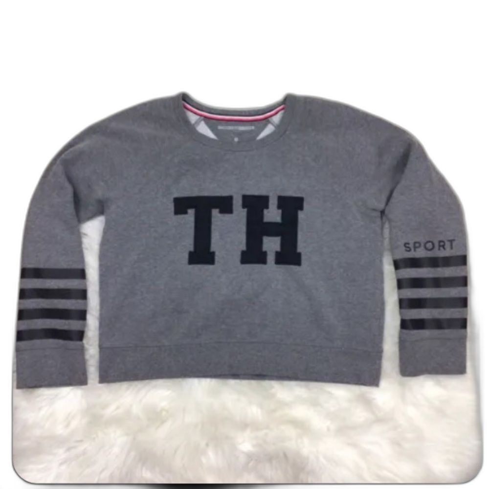 Tommy Hilfiger Sport Sweatshirt 1990's Y2K Cropped Gray Black Medium Preppy - Picture 2 of 5